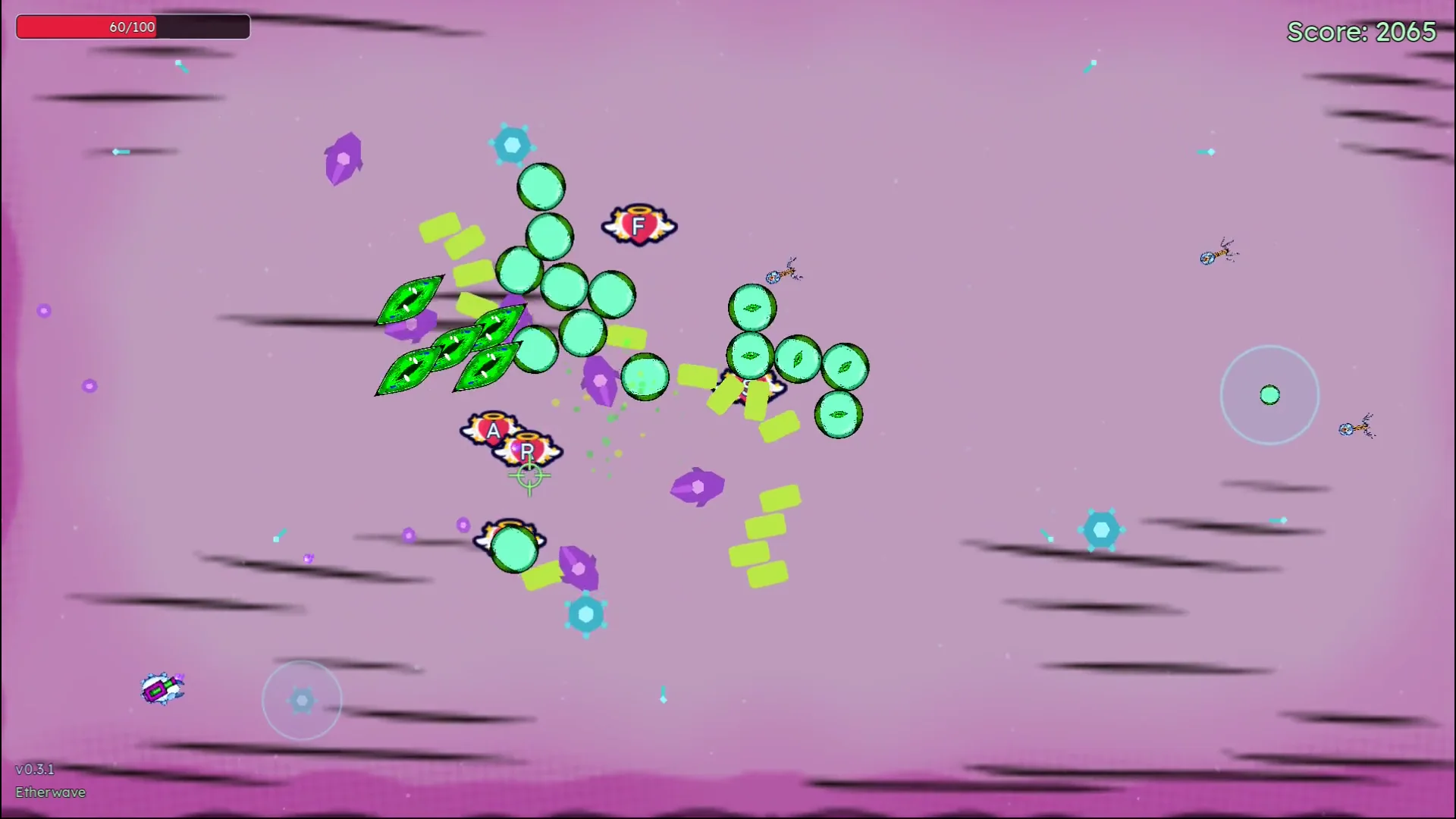 Cosmic Nano Horror gameplay showing a microscopic battle filled with enemies, projectiles, and pickups
